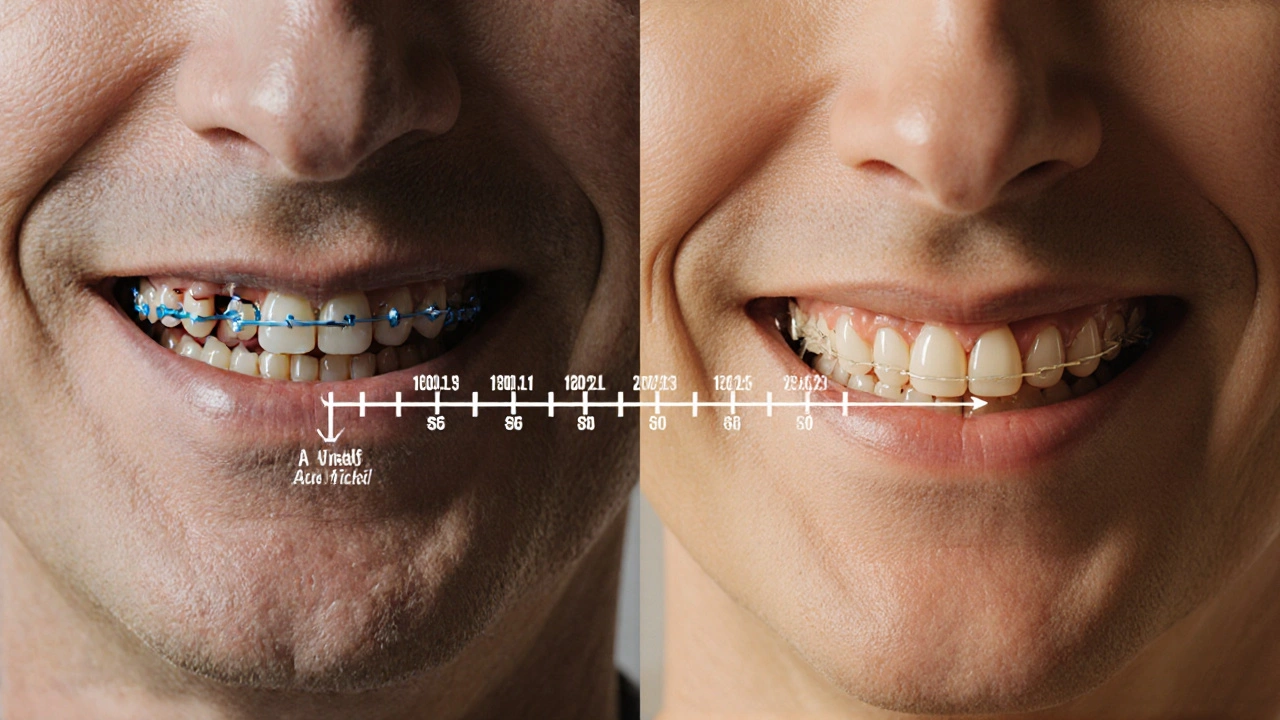 Contrasting images of untreated vs. corrected overbite in an adult