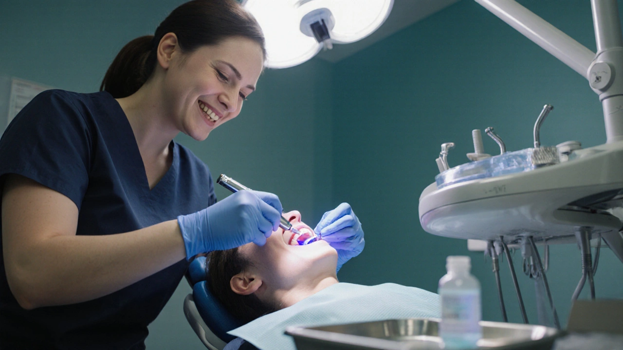 Dentální hygienistka používá ultrazvukový čistič na pacientovi v moderním zubním rtu.