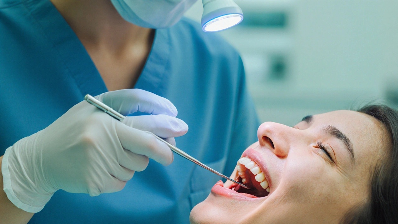 Dentální hygienistka provádí kyretáž na moláru s luzerní lampou.