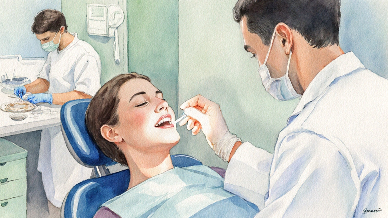 Dentista kontroluje opravenou protézu u pacienta v moderní ordinaci.