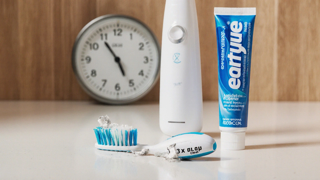 Dva kartáčky na stole: poškozený a měkký, vedle pasty pro citlivé zuby.