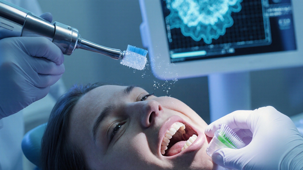 Hygienistka používá ultrazvukový scaler na ústech pacienta, aplikace fluoridu a biofilmová analýza.