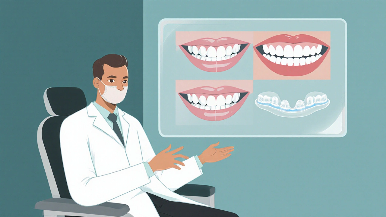 Ilustrace dentisty ukazujícího možnosti korunek, fazet a Invisalign.