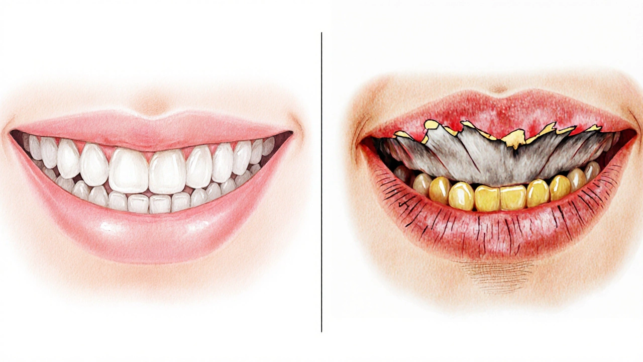 Ilustrace porovnává normální hojení a alveolitis v jedné scéně.