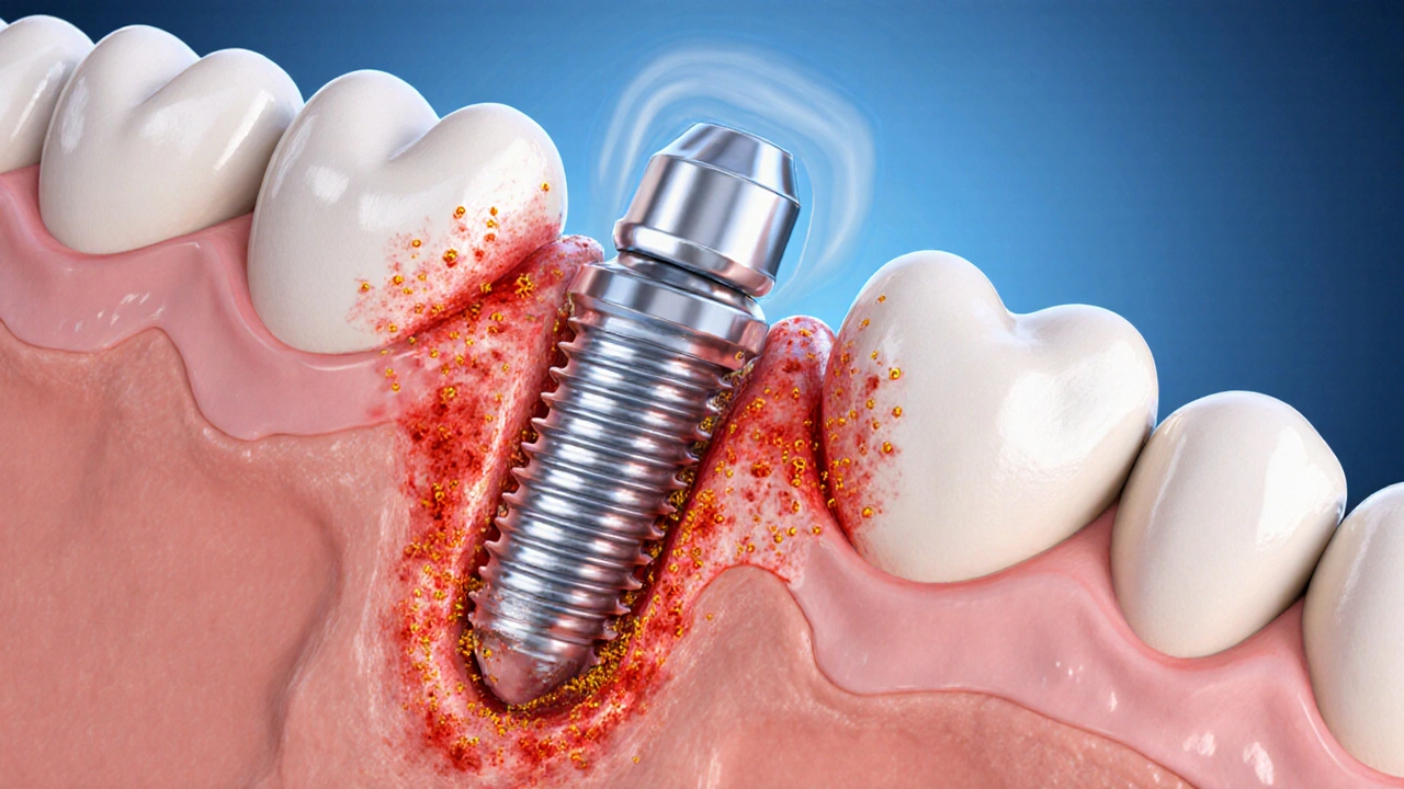 Křížový řez čelisti ukazující periimplantitidu a zánět kolem implantátu.