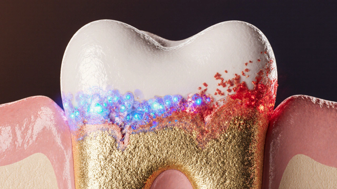 Křížový řez zubu s obnovou poškozené vrstvy minerálními molekulami.