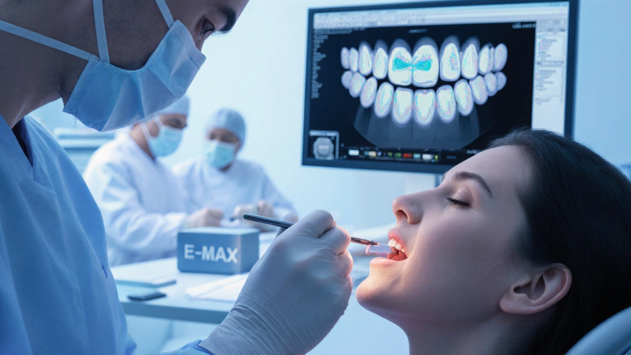 Stomatolog připevňuje keramickou fazetu na zub s pomocí 3D skenu.