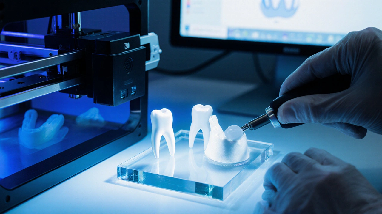 Technik v laboratoři připravuje porcelánovou fazetu u 3D tisku a leštění.