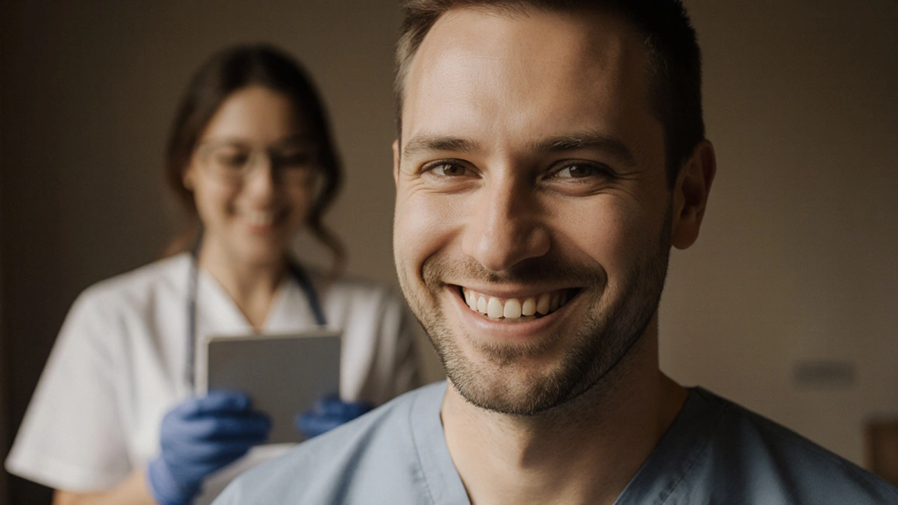 Usmívající se dospělý s implantátem v ústech, v zubní ordinaci.