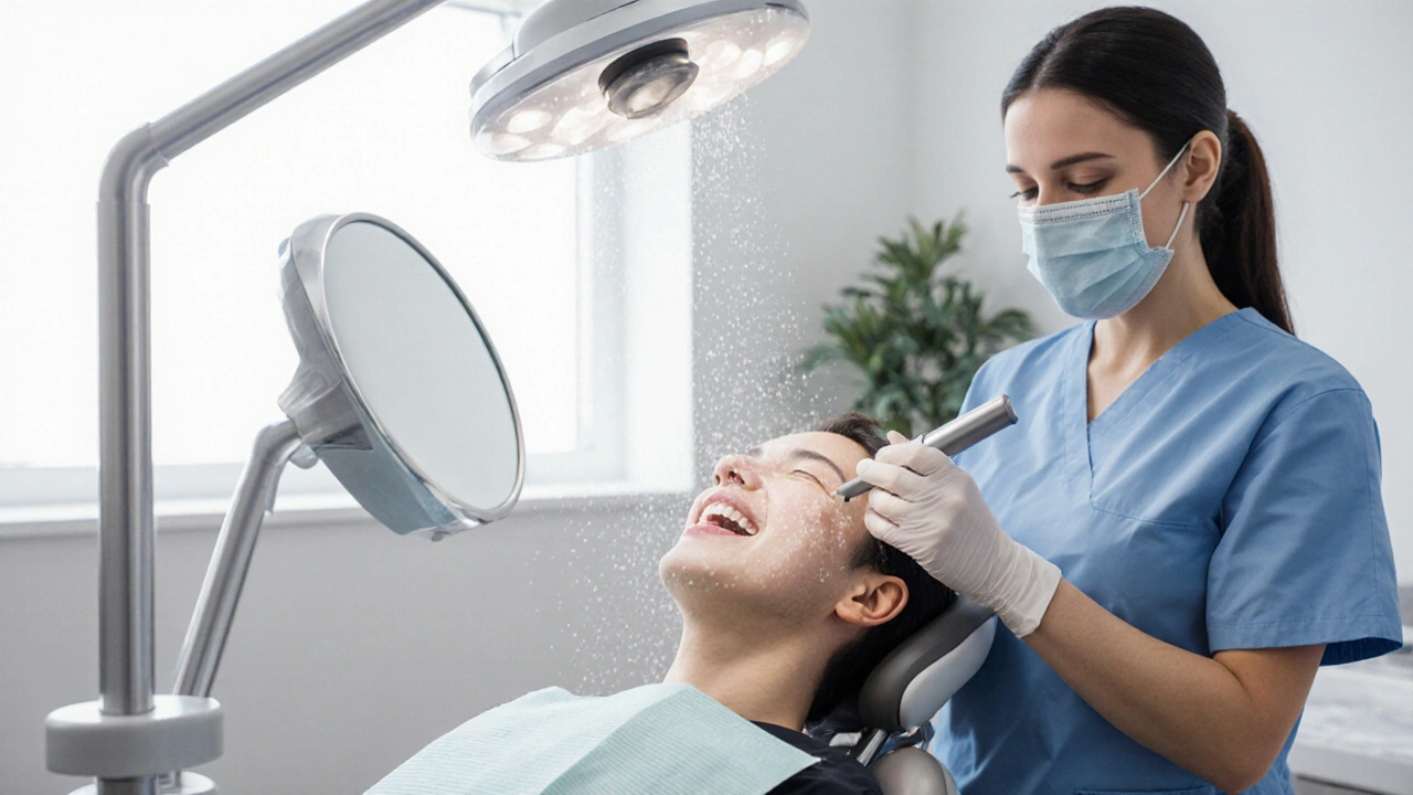 Zubní hygienistka provádí ultrazvukové čištění v moderní ordinaci.