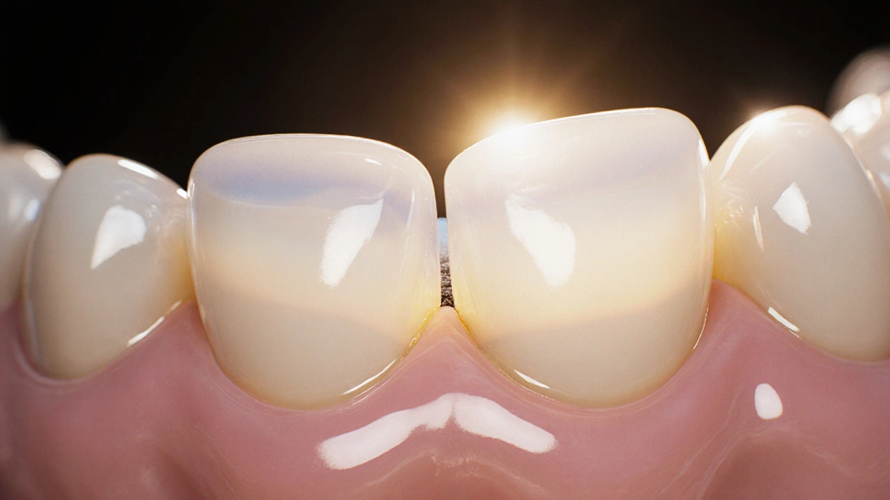 Zvětšený pohled na tenkou keramickou fazetu přilepenou na zub, svítící jako přirozená emal.