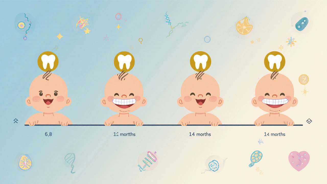 Časová osa ukazující různé věky, kdy se dětem začínají objevovat zuby.