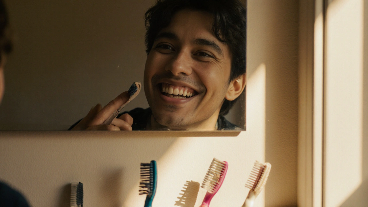 Člověk se dívá do zrcadla s zdravými dásněmi, za ním padlé staré kartáčky.