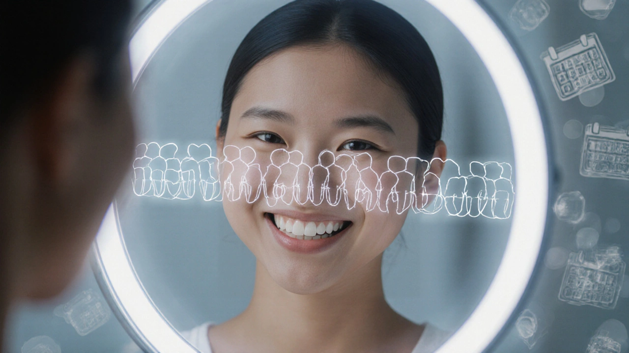 Člověk se usmívá do zrcadla s přehledem transformace zubů.