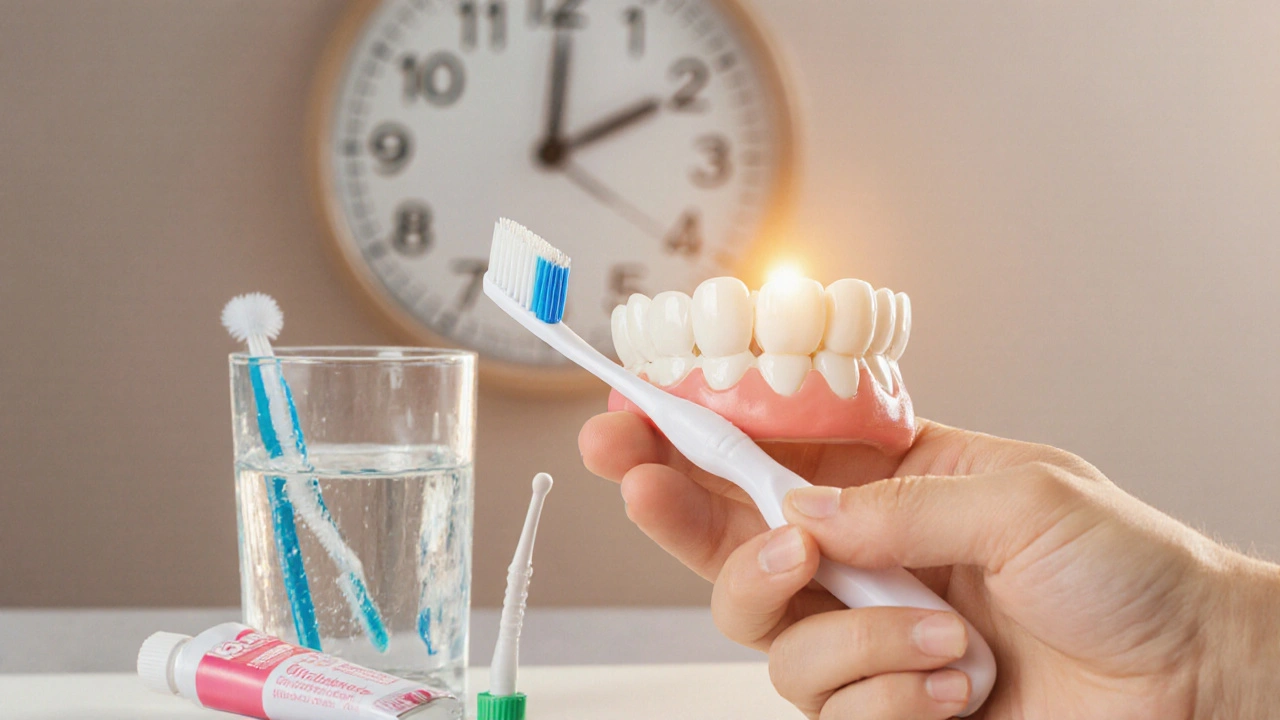 Denní péče o keramický zub: kartáček, nit a neabrazivní pasta na stole.