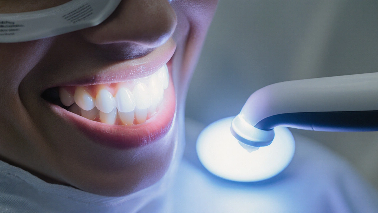 Dentista přikládá keramickou korunku na ošetřený zub