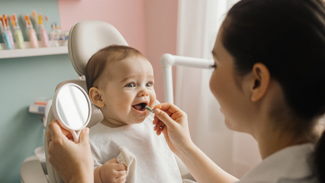 Dětský stomatolog prohlíží první zub dítěte v klidné klinice.