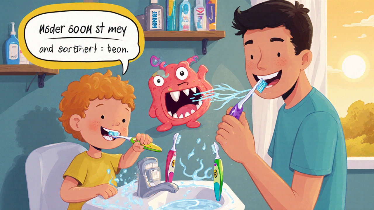 Dítě a rodič společně čistí zuby, elektrický kartáček a časovač na pozadí, kamarádská atmosféra.