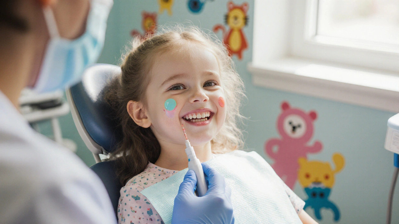 Dítě se usmívá s barevnou zubní plombou na předním zubu, zubní lékař drží curing lampu.