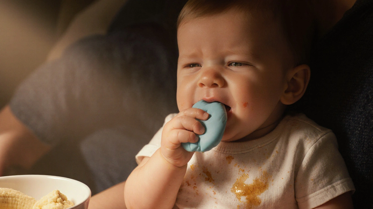Dítě žvýká chladný zubní kroužek, sliny mu tekou na oblečení.