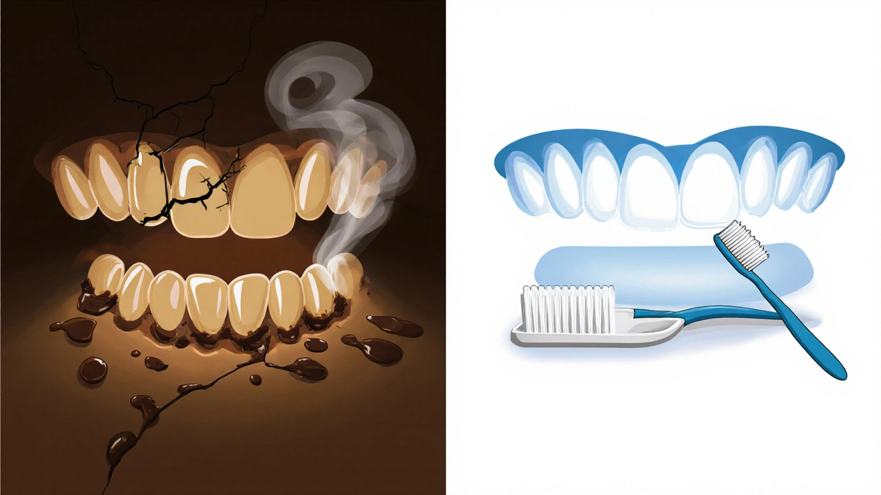Dvě cesty: tmavé, ztmavené zuby vs. světlé, zdravé zuby s dentálními pomůckami.