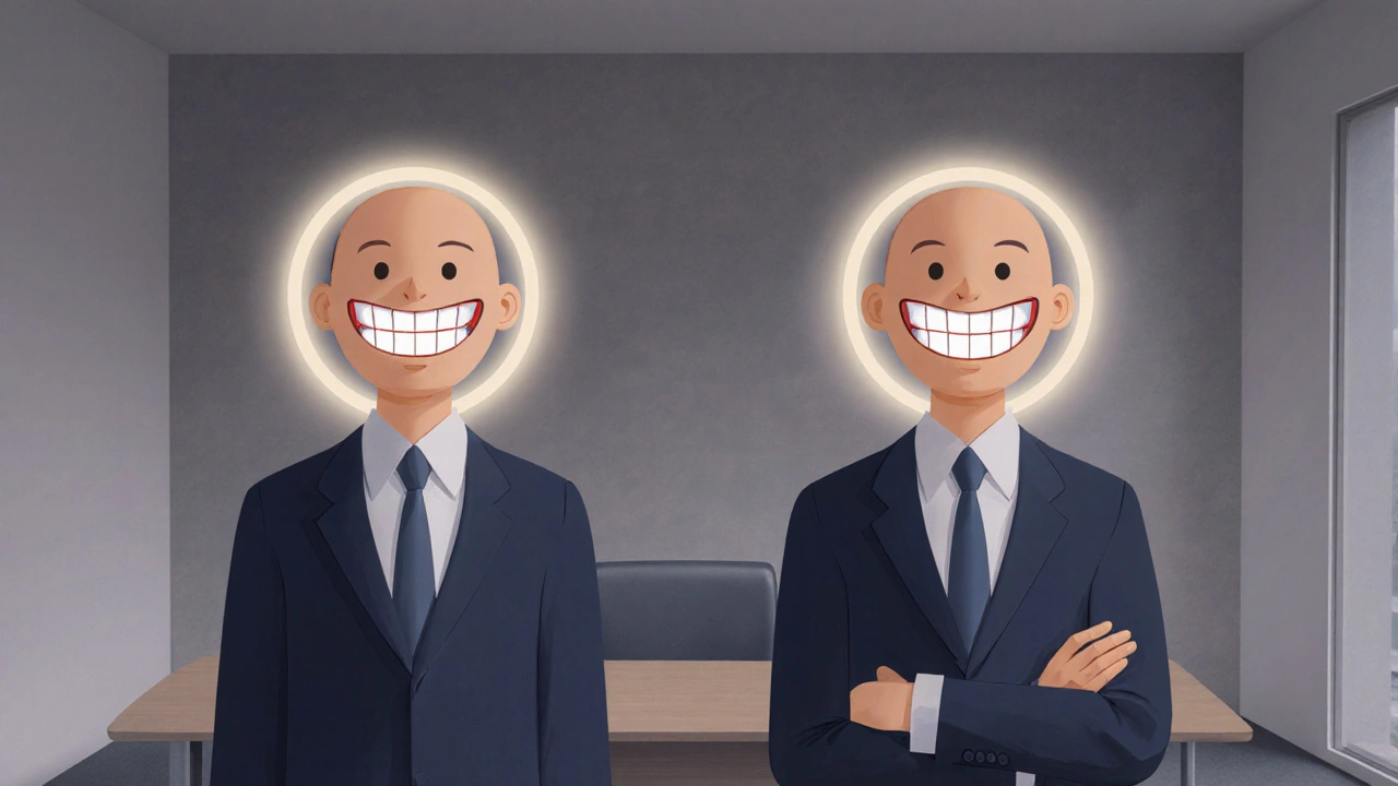 Dvě stejné osoby s různým postavením zubů, jedna směje se, druhá se skrývá.