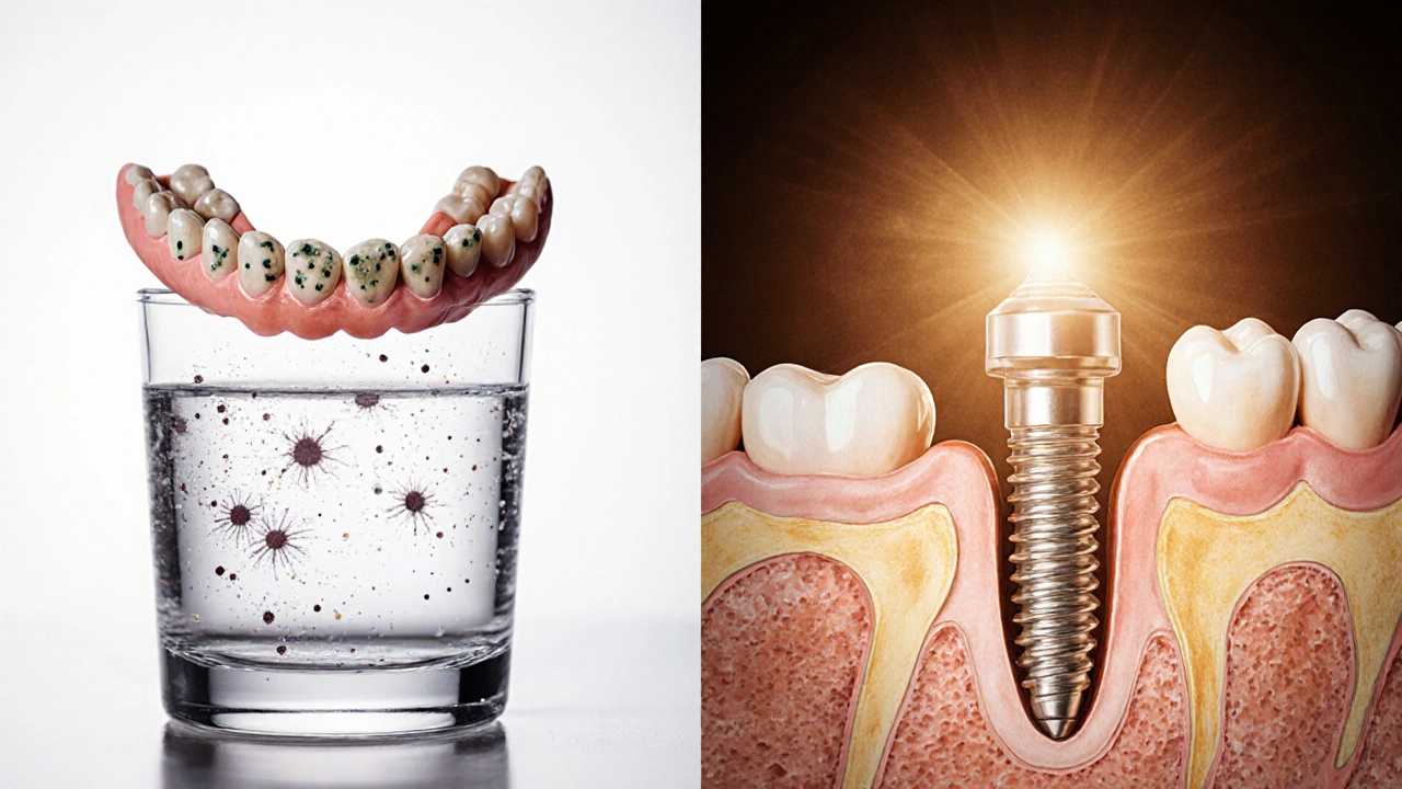 Dvě strany: poškozená protéza s bakteriemi a implantát v zdravé kosti.