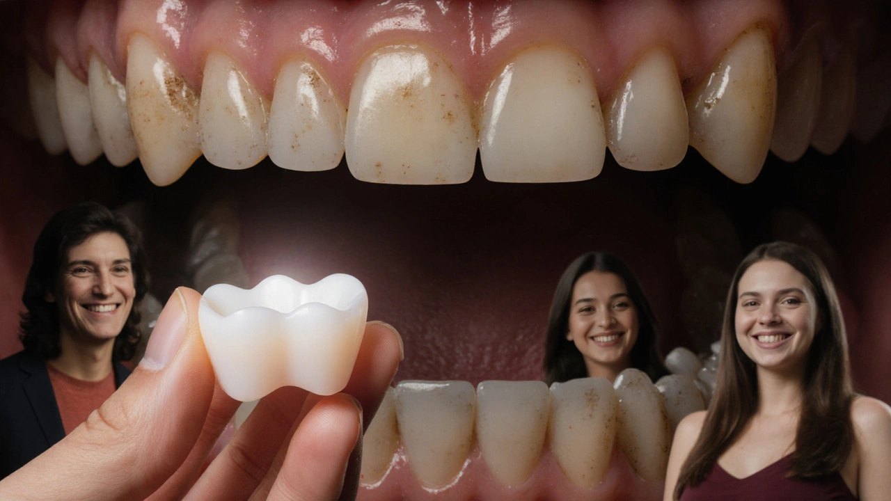 Hand holding porcelain crown beside faded natural teeth, symbolizing dental renewal.