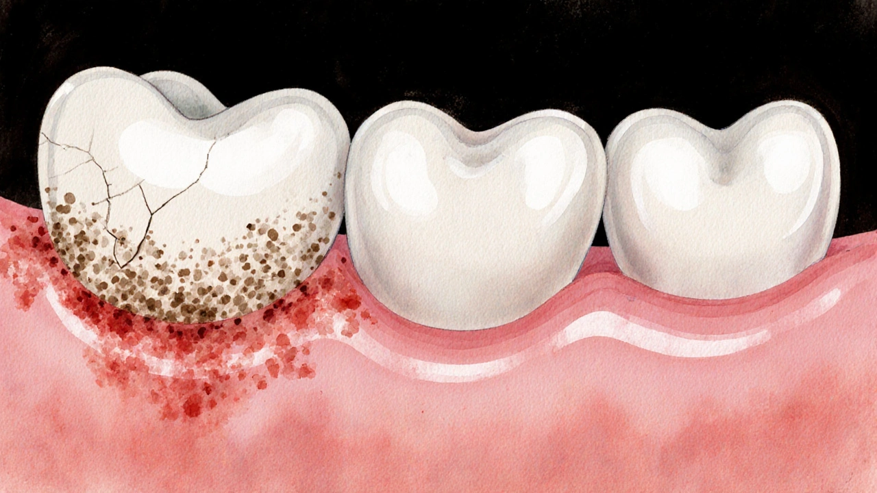 Keramická korunka s viditelnými trhlinami a náhlukem na hraně u dásně.