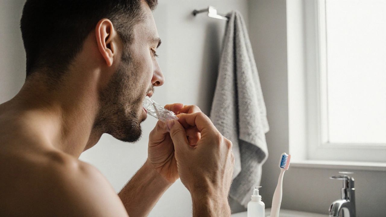Muž přilepuje průhledné zubní fólie na zuby v koupelně, pečlivě je přizpůsobuje.