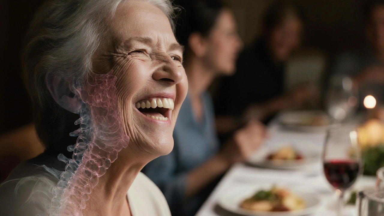 Muž se směje, ale jeho čelist pod protézou se rozpadá, zatímco druhá polovina má zdravé zuby.