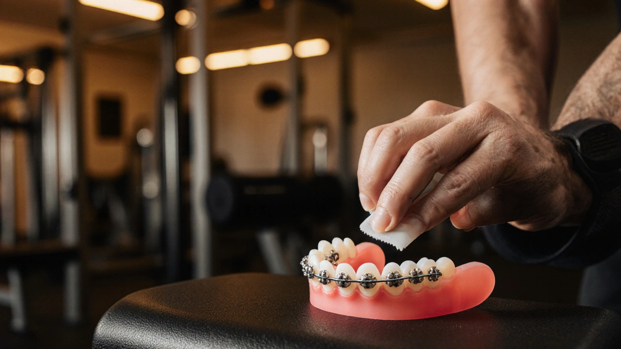 Osoba dělá push-upy s voskem na rovnátkách a ústním štítem na pozadí.