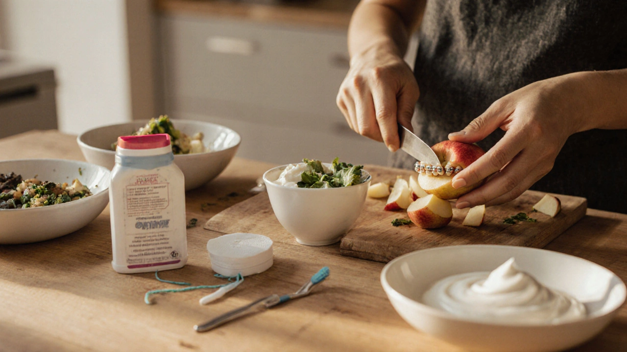 Osoba řeže jablko na kousky s nářadím pro péči o rovnátka na stole.