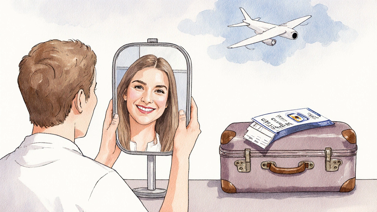 Pacientka v Istanbulu užívá první úsměv s porcelánovými vložkami, cestovní kufřík na stole vedle ní.