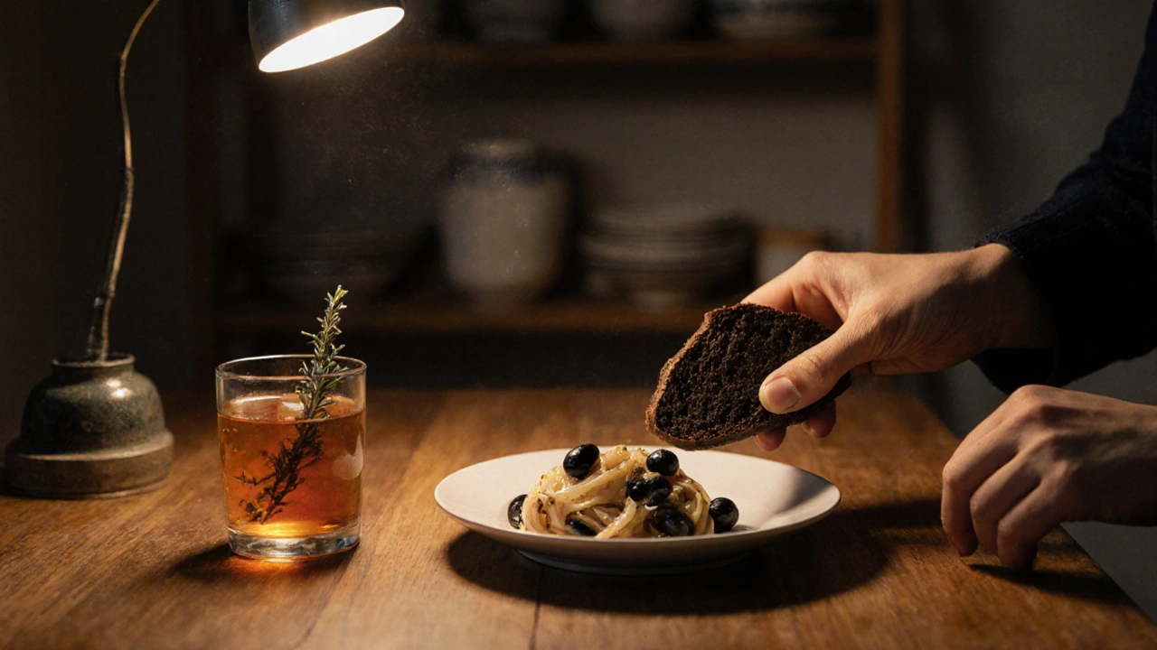 Pečená cibule s olivami a černým chlebem na dřevěném stole