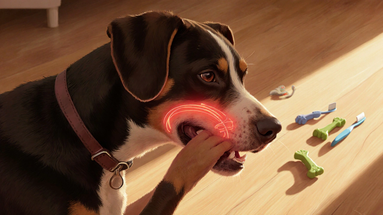 Pes se tře tváří o zem, symbolizující skrytou bolest zubů.