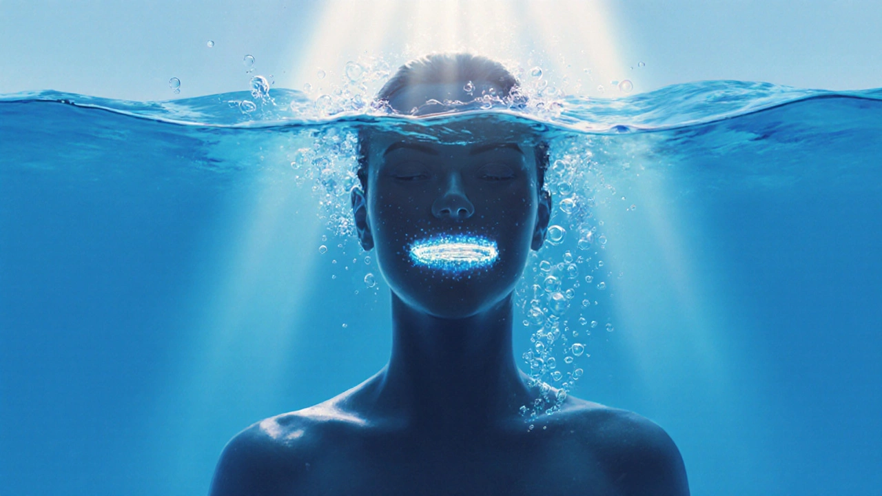 Postava plavající ve vodě s průhlednými rovnátkami viditelnými v ústech.