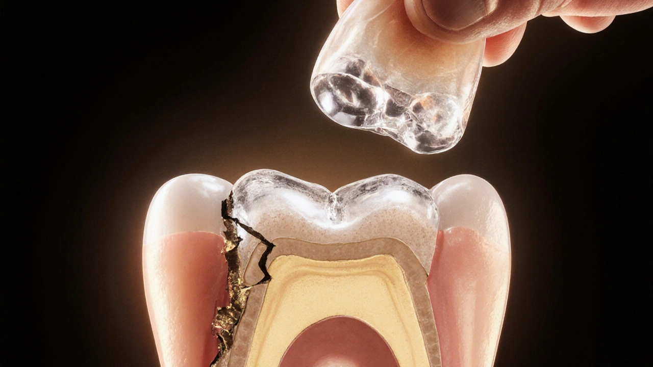 Přehled zubu s odstraněnou starou a novou zirkonovou korunkou.