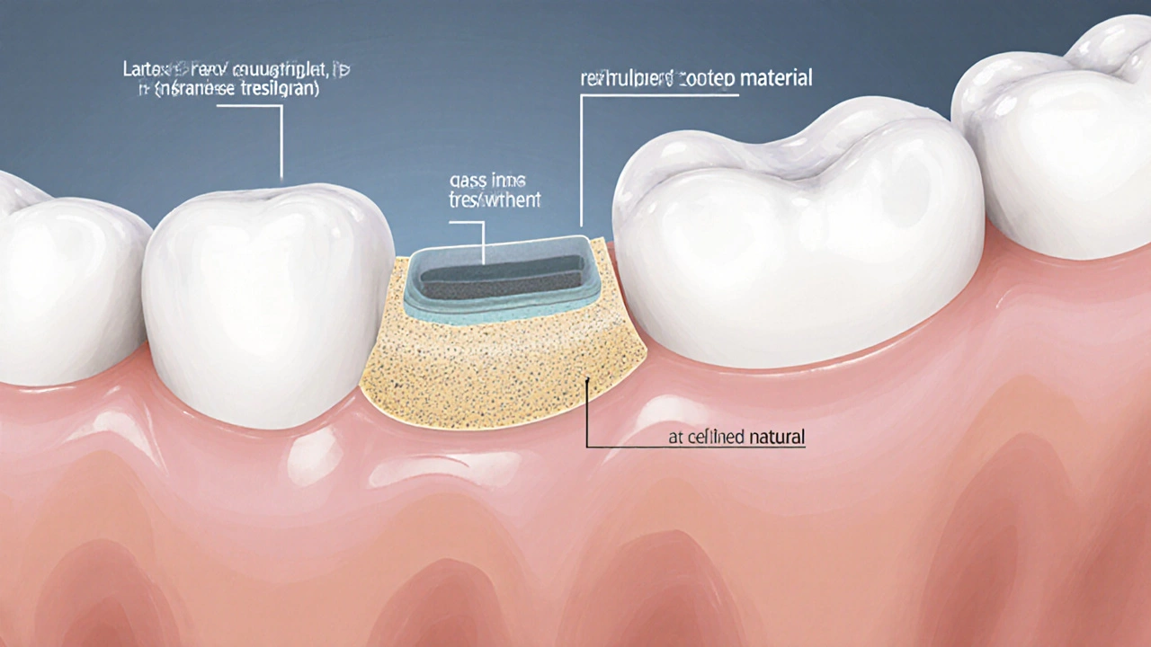 Příčný řez zubem s vrstvami lepidla a kompozitní plomby přilehlé k odřezané sklovině.