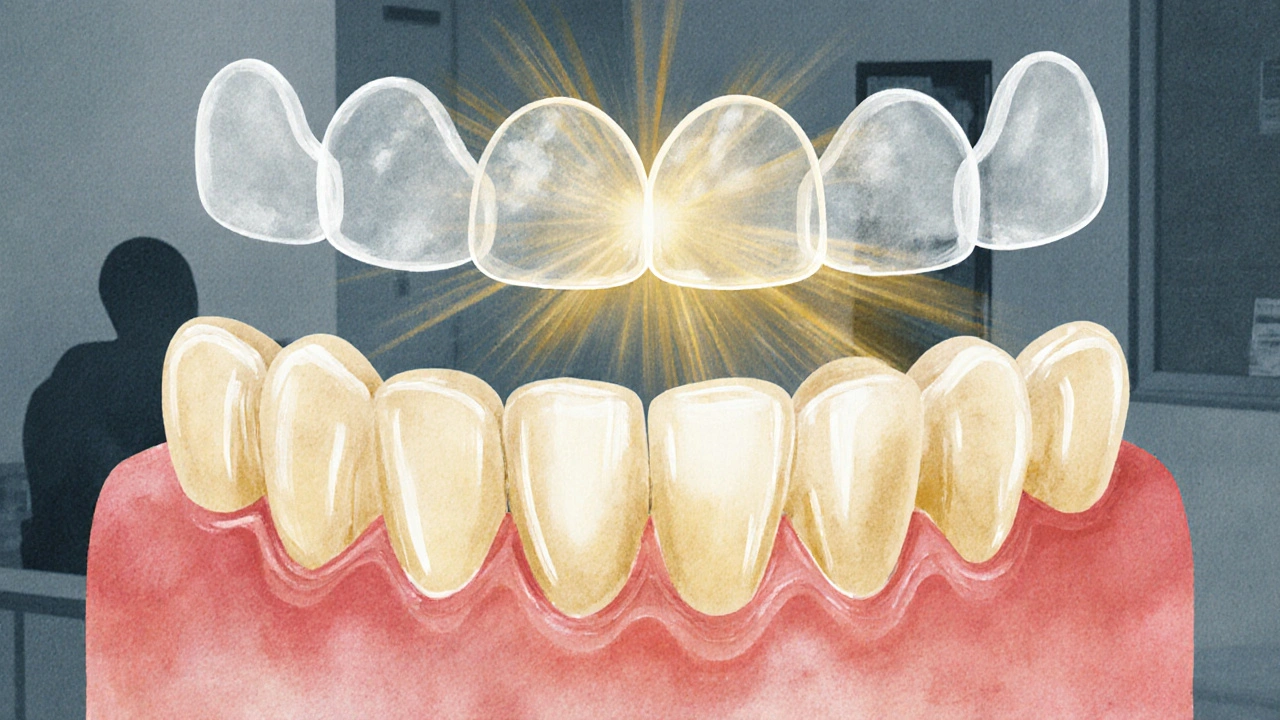 Průhledné zubní fólie přeměňují nekvalitní zuby na dokonalý úsměv, zatímco klinika zůstává v pozadí.