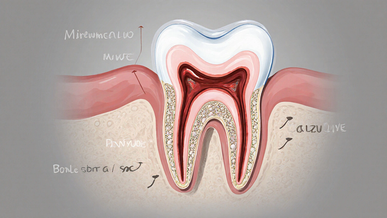 Průřez zubu a dásně ukazující vznik kamene a ztrátu kosti