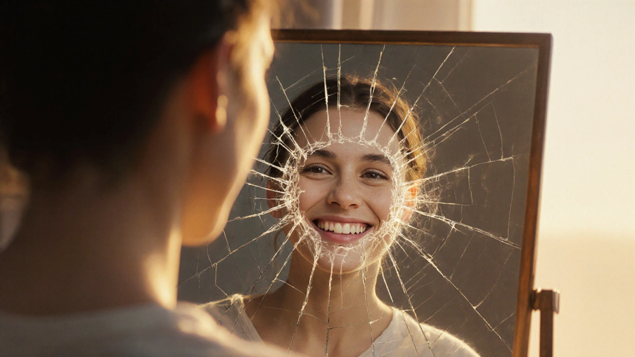 Rozbité zrcadlo s zuby ve štěrbinách, z něj vychází světlo a smích.