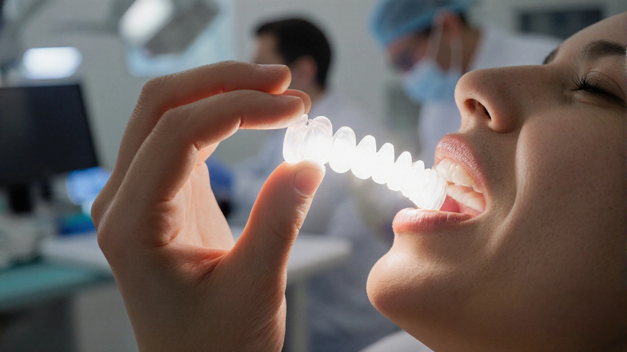 Ruce přidávají novou zirkonovou korunku do úst, s jemným zářením.