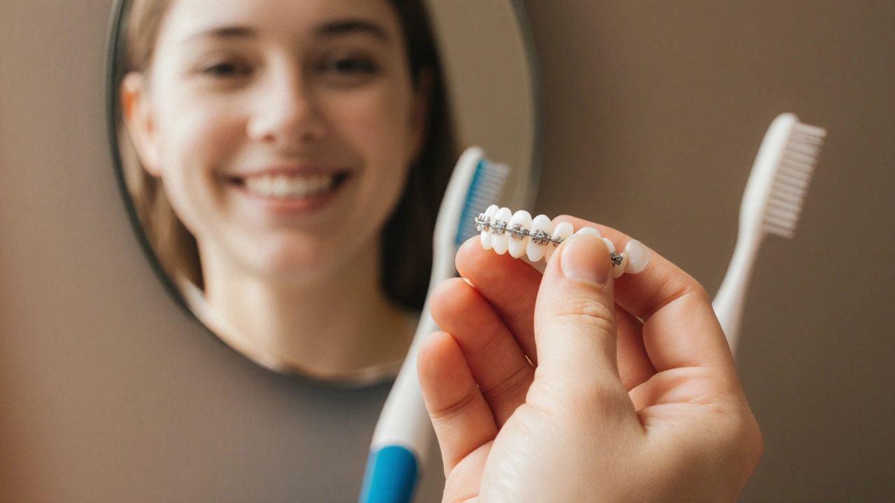 Ruka aplikuje ortodontický vosk na keramické rovnátko, vedle jsou kartáčky na čištění.