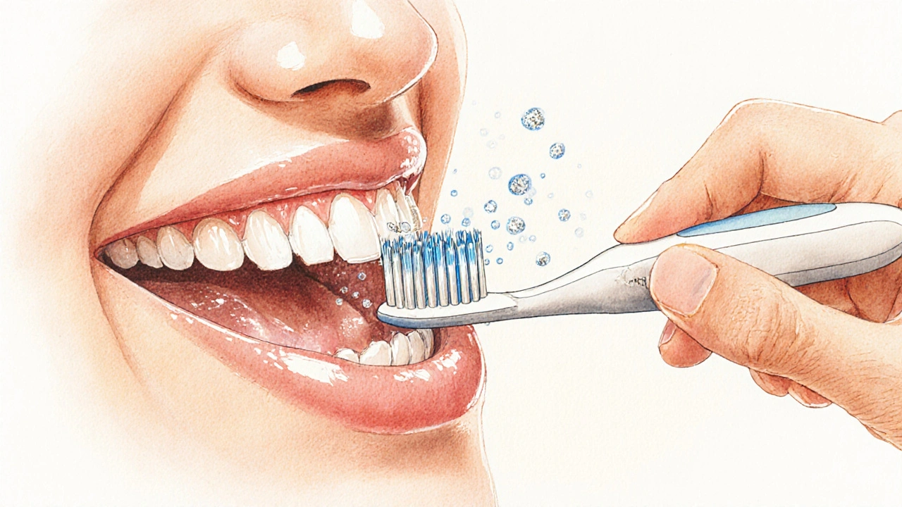 Ruka drží Curaprox kartáček, který odstraňuje plak, zatímco běžný kartáček zůstává neúčinný.