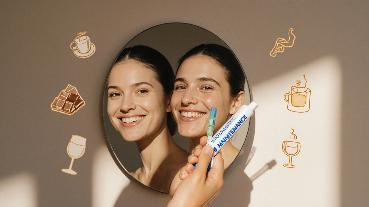 Ruka drží kartáček, v zrcadle dva různé úsměvy – jeden bílý, druhý ztmavený.