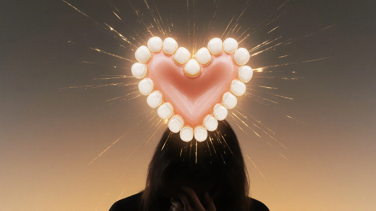 Srdce složené z vylepšených zubů, symbolizující důvěru a změnu života.