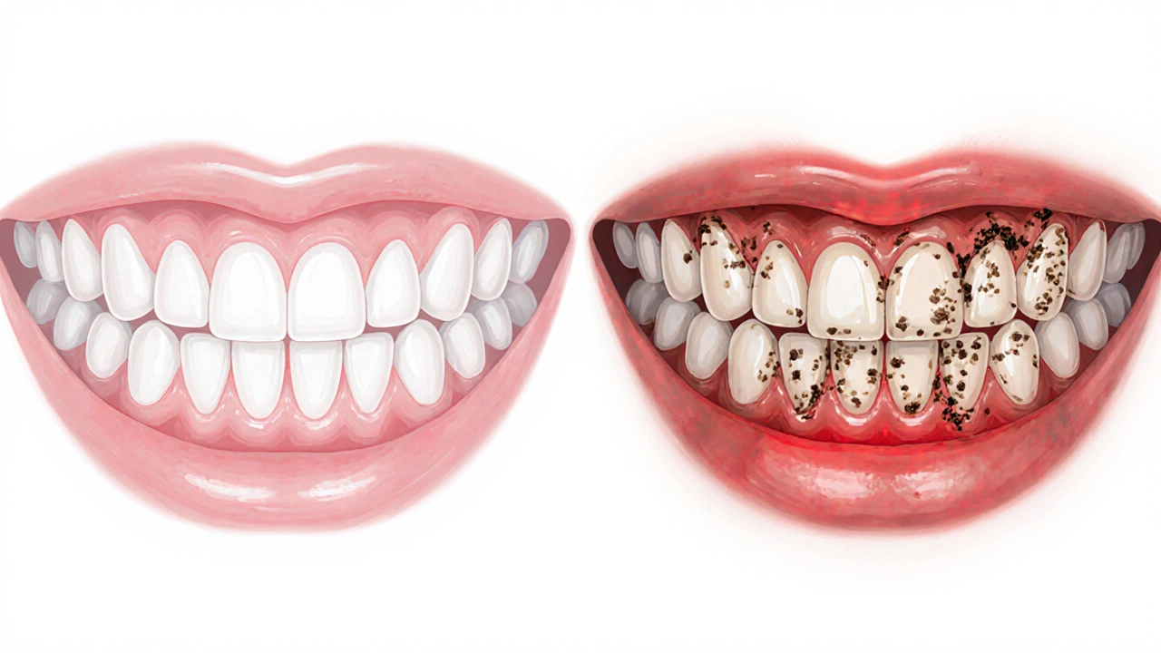 Srovnání zdravých a zánětlivých dásní s viditelným zubním kamenem.