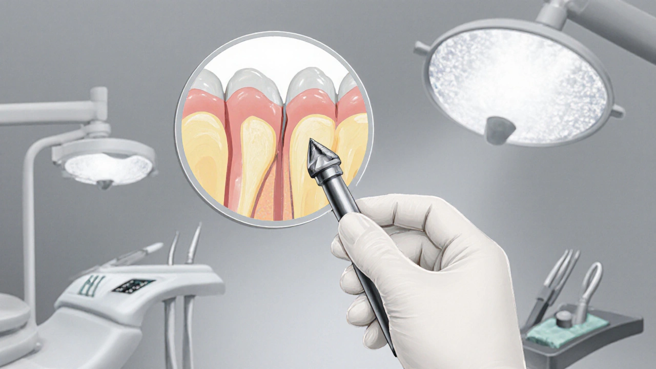 Stomatolog jemně brousí zubní email pomocí přesného nástroje.