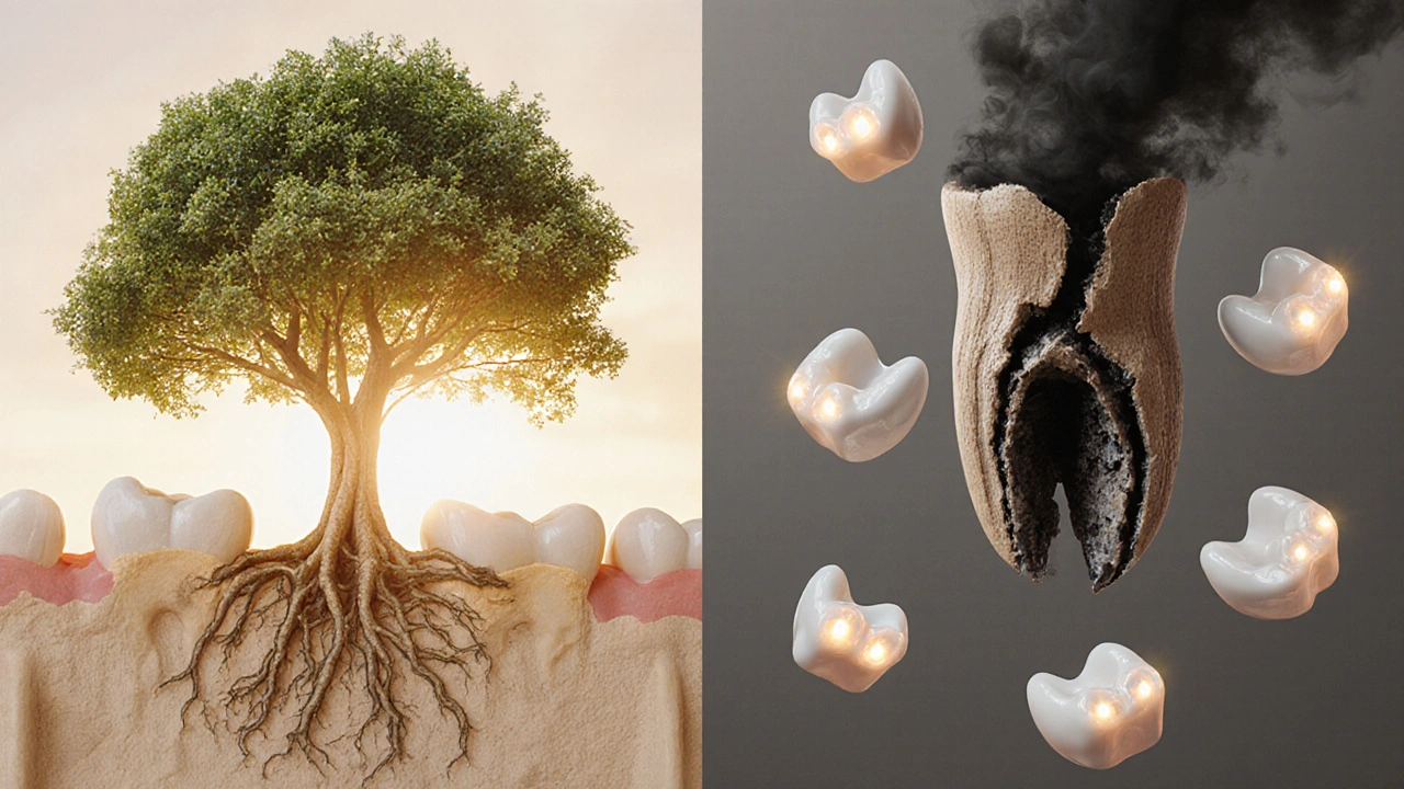 Symbolický obraz zdravého a mrtvého zubu s keramickými korunkami